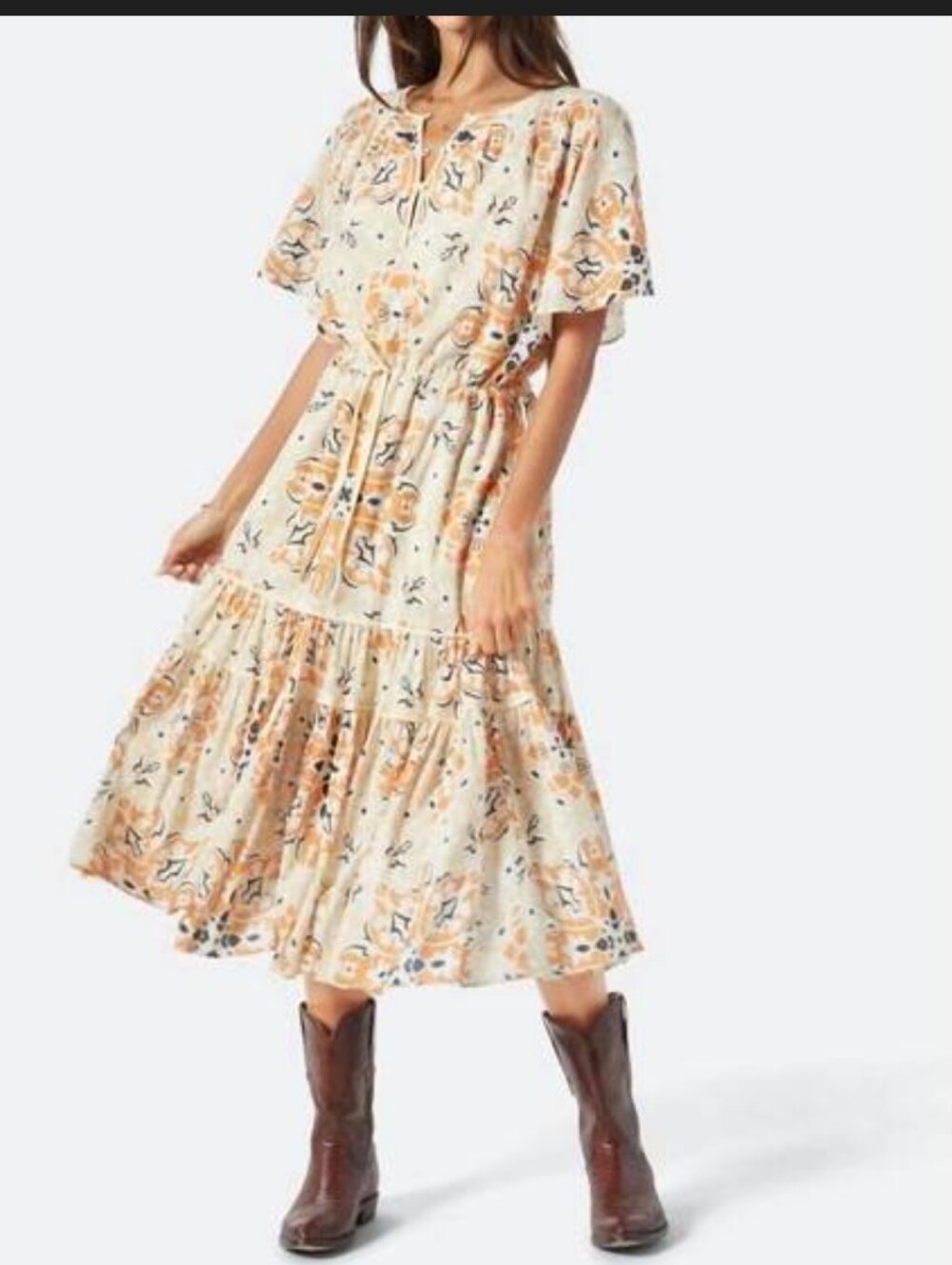Joie Maxi Dress Orange Floral Print Medium 100% Cotton Bellsa